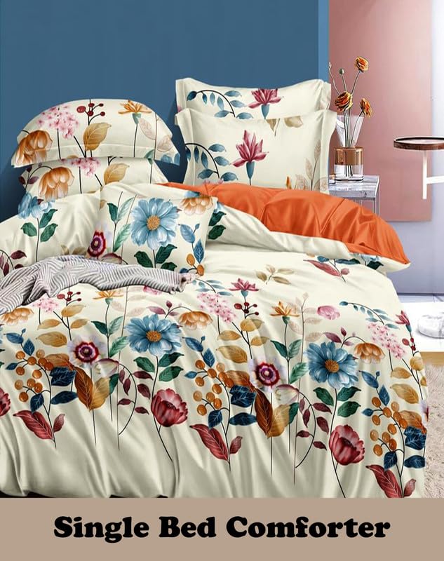 Image of Polycotton Polyester Polyfill 120 GSM Reversible Single Bed Comforter, Blanket, Queen (60x90 inch) Multi & Cream