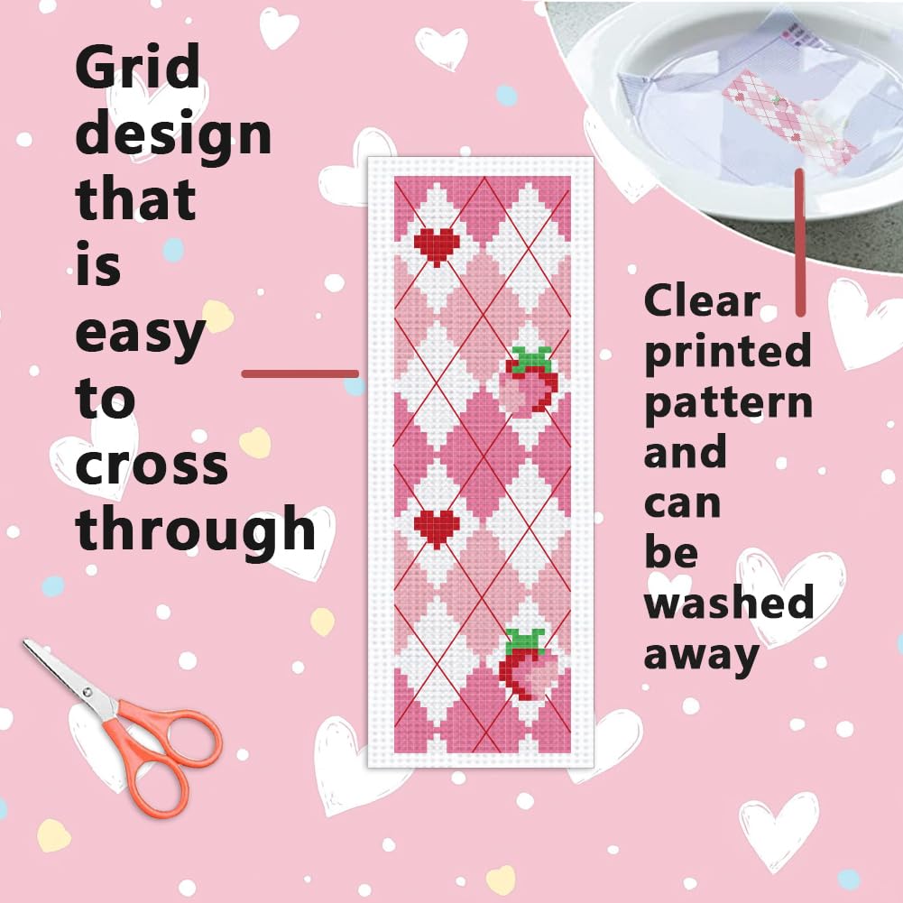 INFUNLY 6 Set Pink Cross Stitch Bookmark Kit Strawberry DIY Cross Stitch Kits Pre-Printed Rabbit Stamped Embroidery Bookmark Kit with Instructions for Beginners Adults Book Lovers Girls Gift - Image 3