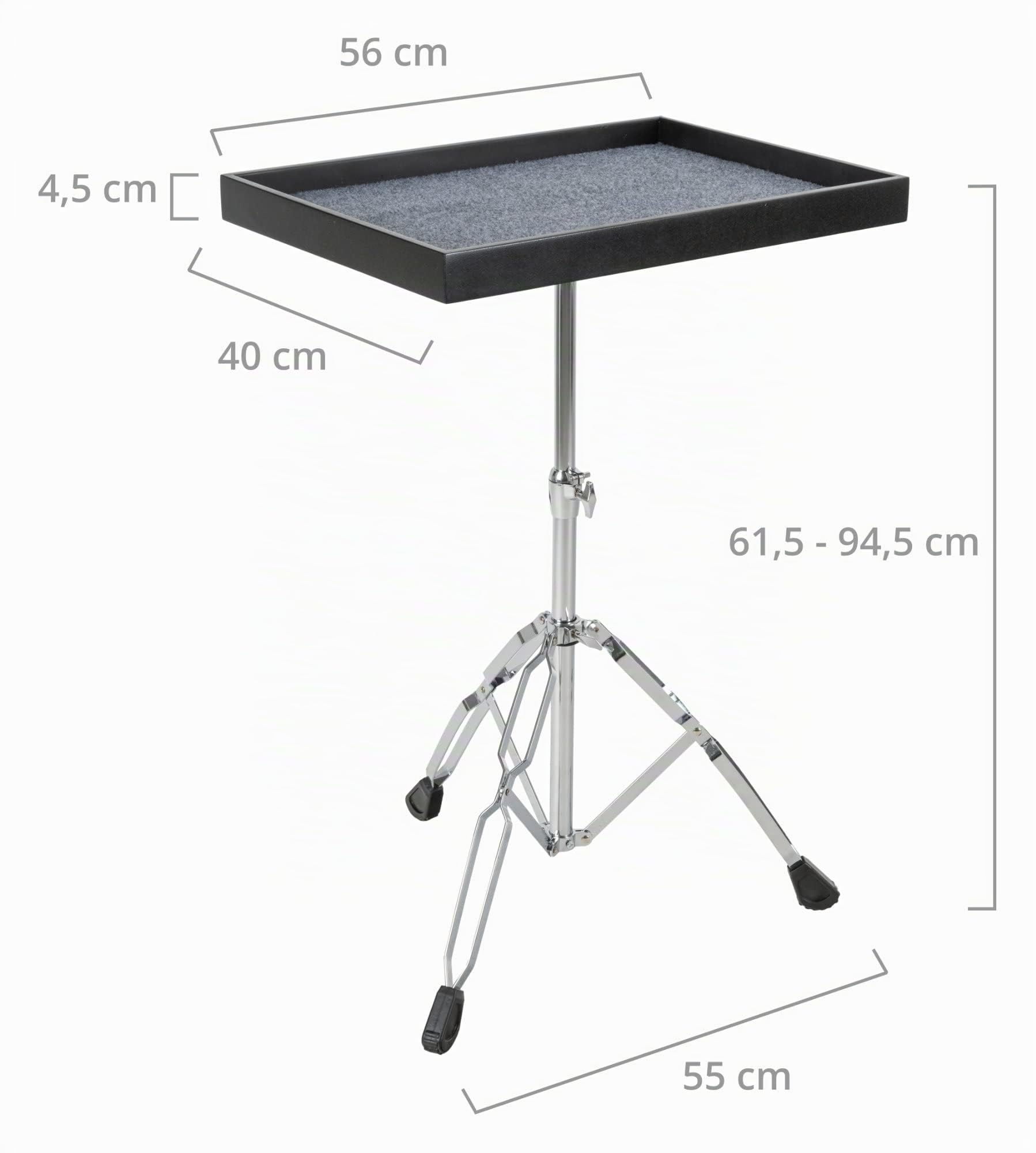 XDrum UPT1 Table Universel Pour Percussions, Hauteur: 61, 5-94, 5 cm | Tablette réglable en hauteur en bois, Dimensions: 56 x 40 cm (22" x 16"), 5 - 94, 5 cm, Fond doublé de feutre doux, Poids: 4