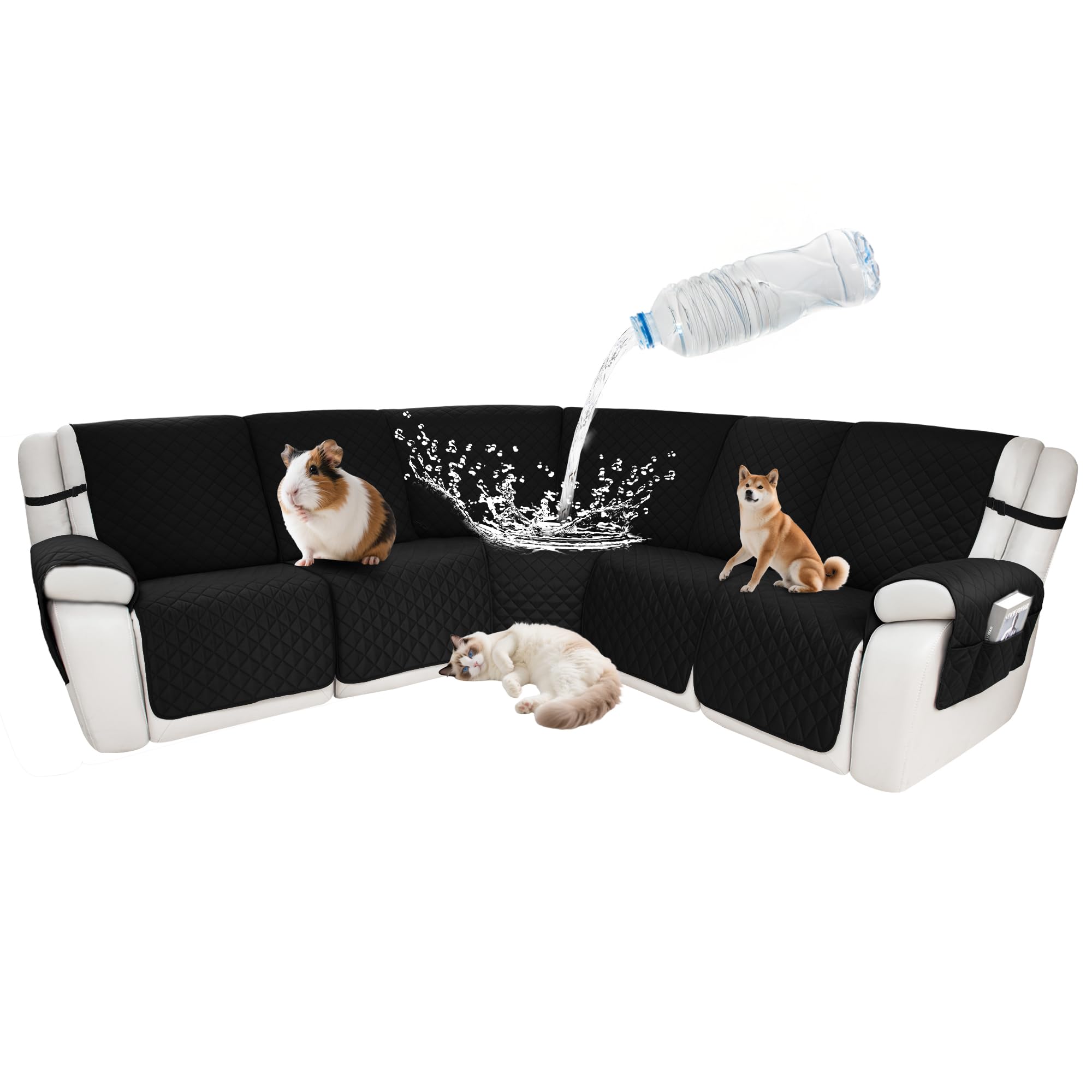 Waterproof Sectional Reclining Couch Covers L Shaped Recliner Sectional Sofa Cover 7 Piece Non Slip Washable Corner Recliner Slipcover Set for Pet Dog (5 Seater Cover, Charcoal Black)
