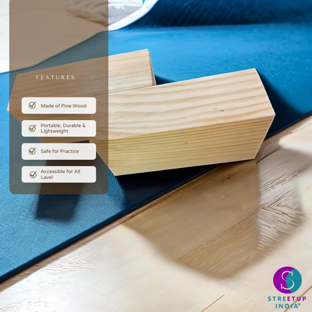 Streetup India® Wooden Yoga Block With Eco-Freindly Pine Wood| Non-Slip Workout Block|Extra Large 9X5X3 Inches (Set of 1) 3