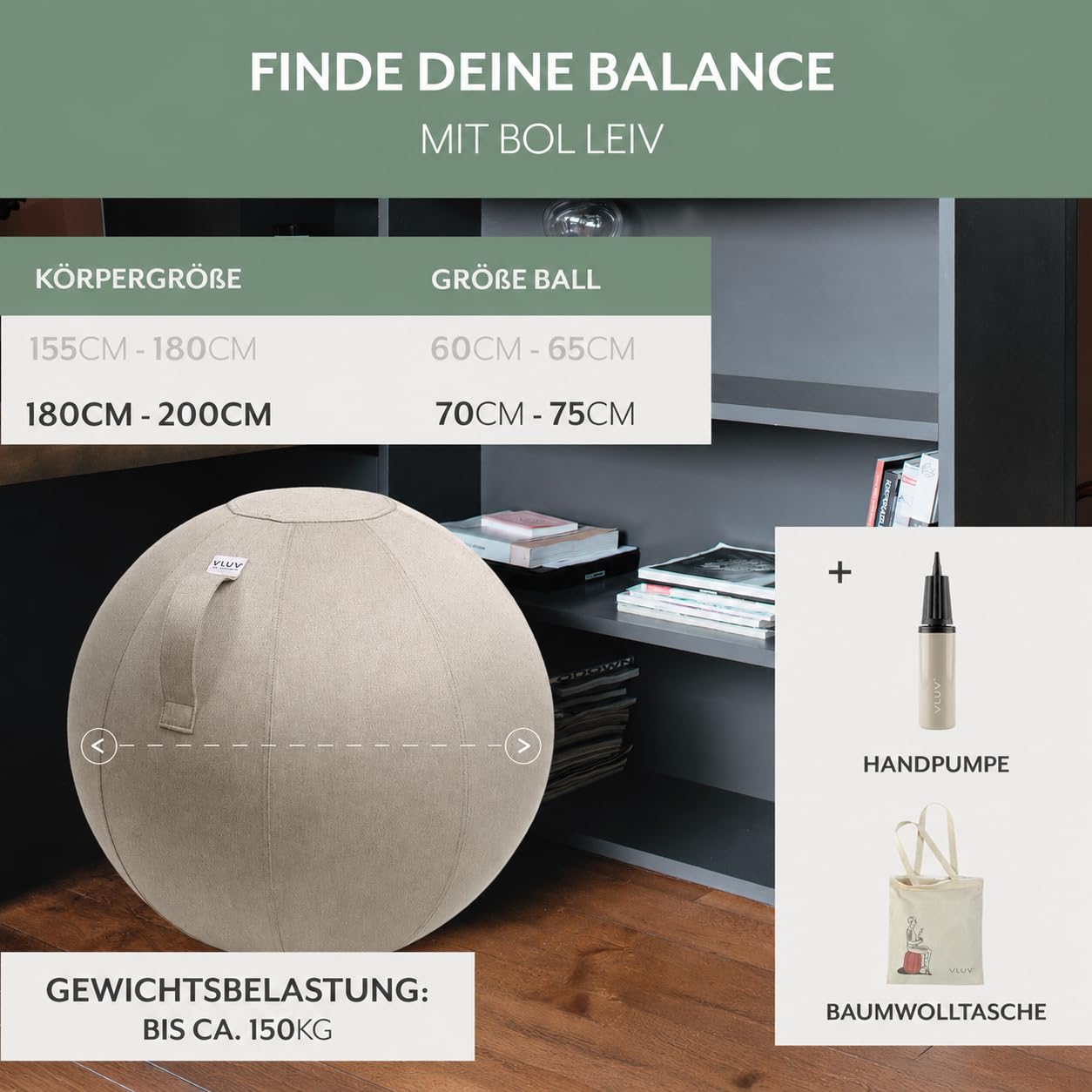 VLUV® BOL LEIV Sitzball Büro ergonomisch - Gymnastikball mit Stoffbezug & Wegrollschutz - Bürostuhl Alternative für Home Office, Rücken Training & Schwangerschaft