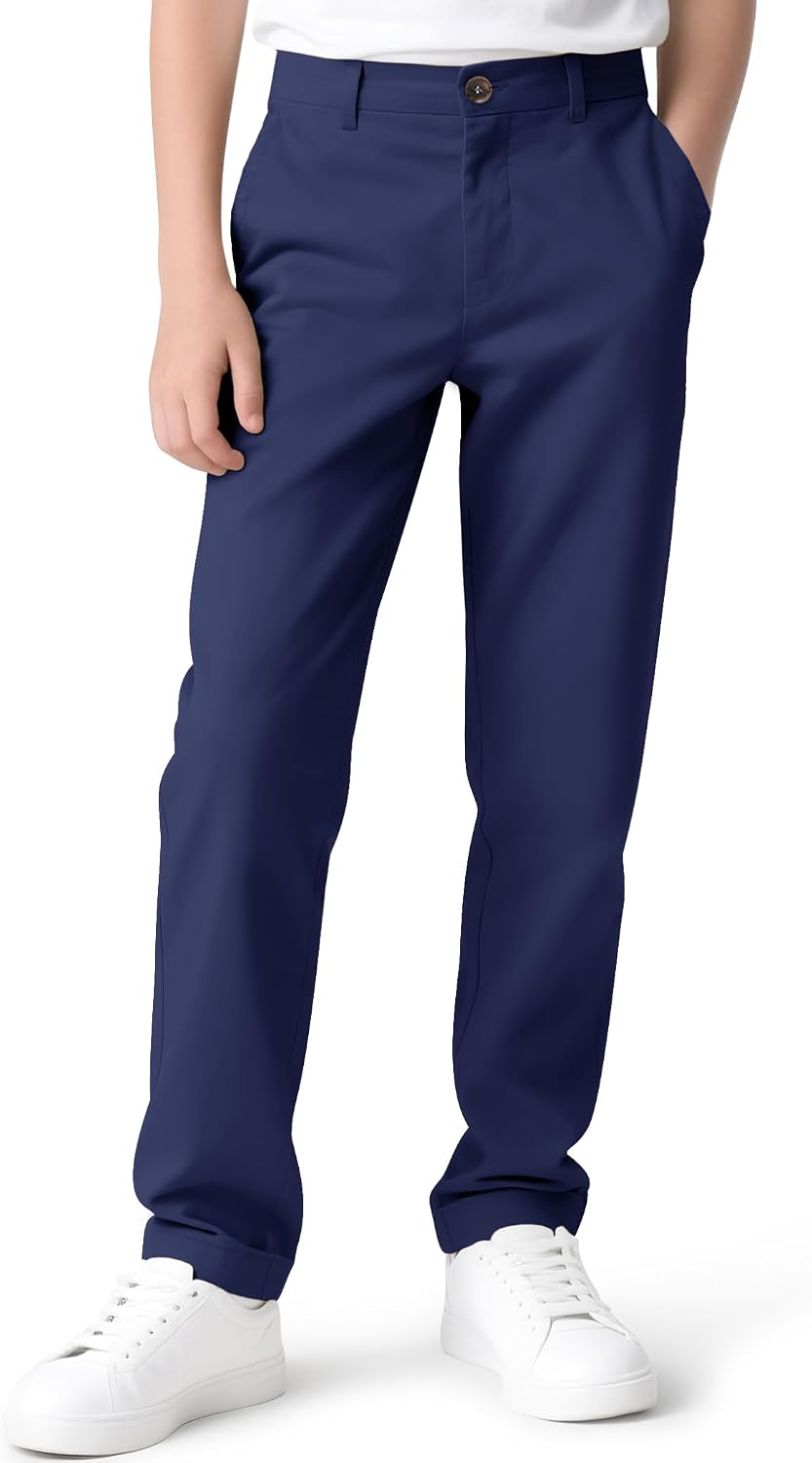 KEREDA Boys Flat Front Dress Pants School Uniform Pants Twill Elastic Waist with Zip Button