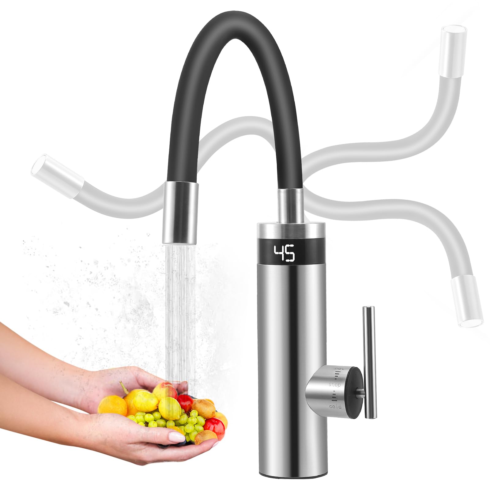 Robinet électrique 3000W avec Chauffe-Eau instantané 360° pivotant Acier Inoxydable Cuisine Affichage LED température Eau Chaude immédiate mitigeur Chauffant pour Camping