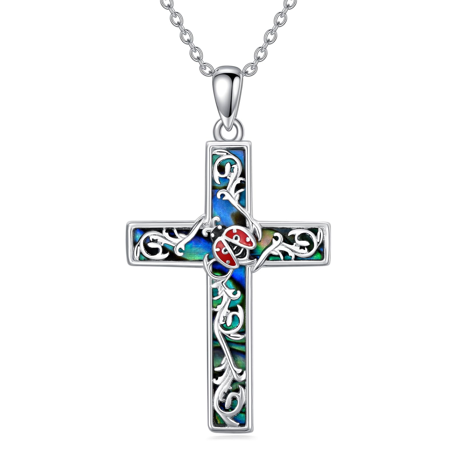 WINNICACA Cross Necklace Sterling Silver Abalone Shell Butterfly/Dragonfly/Ladybug Jewelry Gifts for Women Girls Birthday