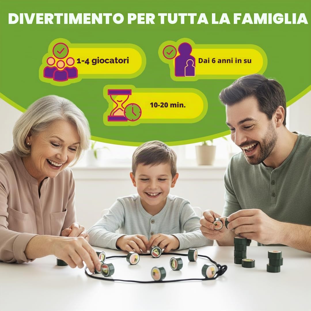 Maki Madness Gioco Magnetico – Gioco di Abilità Famiglia da 6 Anni | 20 magneti sushi, corda e scatola – gioco da viaggio, di società e regalo di compleanno, Natale – per 1-4 giocatori da 6 anni