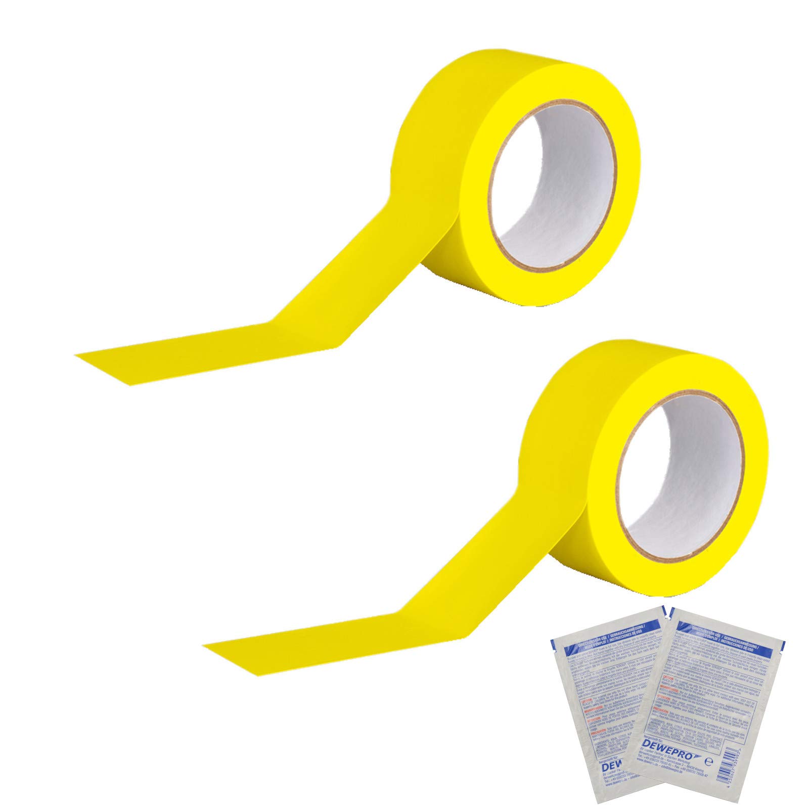 DEWEPRO 2 Stück ROCOL® EasyTape™ Markierungsband in Gelb 50mm x 33m - hoch belastbares, selbstklebendes PVC-Band - inkl. 2 Stück SingleScrubs Reinigungstuch