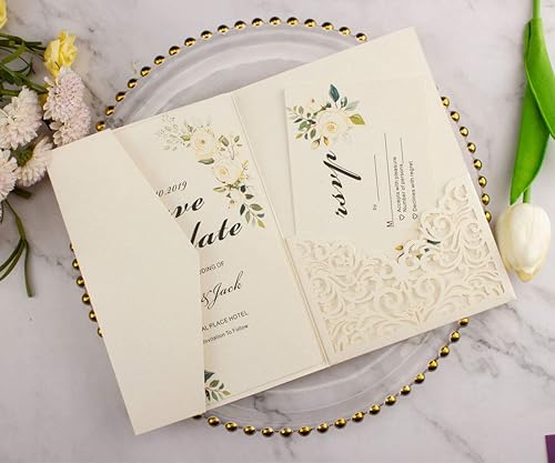 Miniatura 3 de 25 piezas de tarjetas de invitaciones de boda de marfil perla de 8.82 ozm cortadas con láser, solo fundas de bolsillo, sin sobre, sin inserto de 5 x