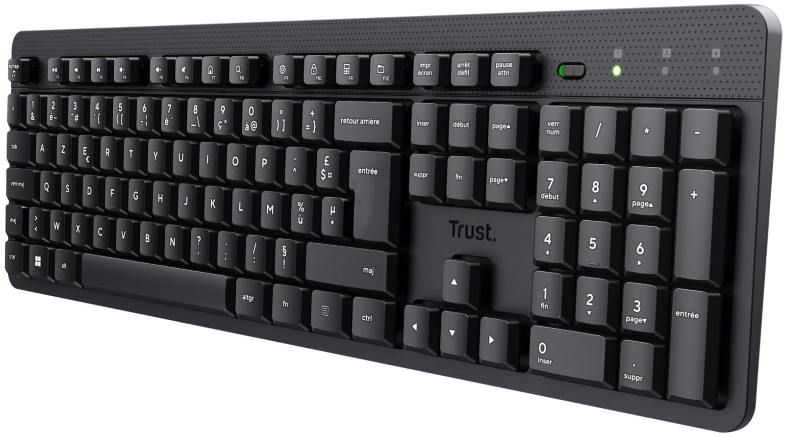Trust ODY II Teclado inalámbrico silencioso AZERTY francés, Teclas Planas flotantes, Resistente a Salpicaduras, Receptor USB RF 2.4GHz, Teclado para PC, Ordenador portátil, Mac - Negro