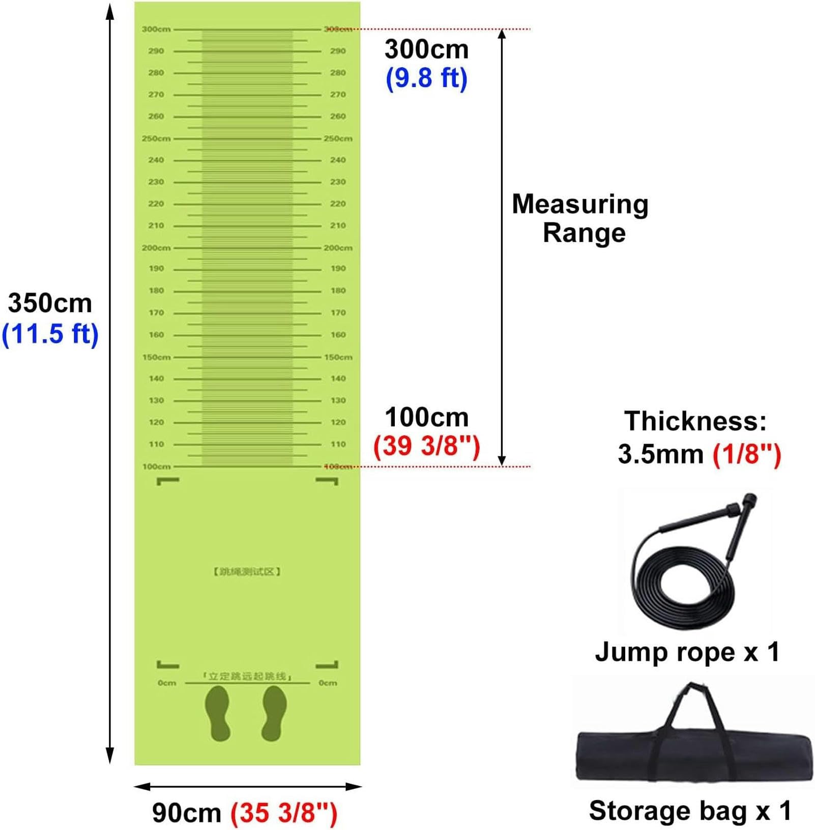Mata do pomiaru skoku w dal, Mata testowa do skoku w dal Mata pomiarowa 100-300 cm Gumowa szkoła domowa Fitness Dzieci Dorośli