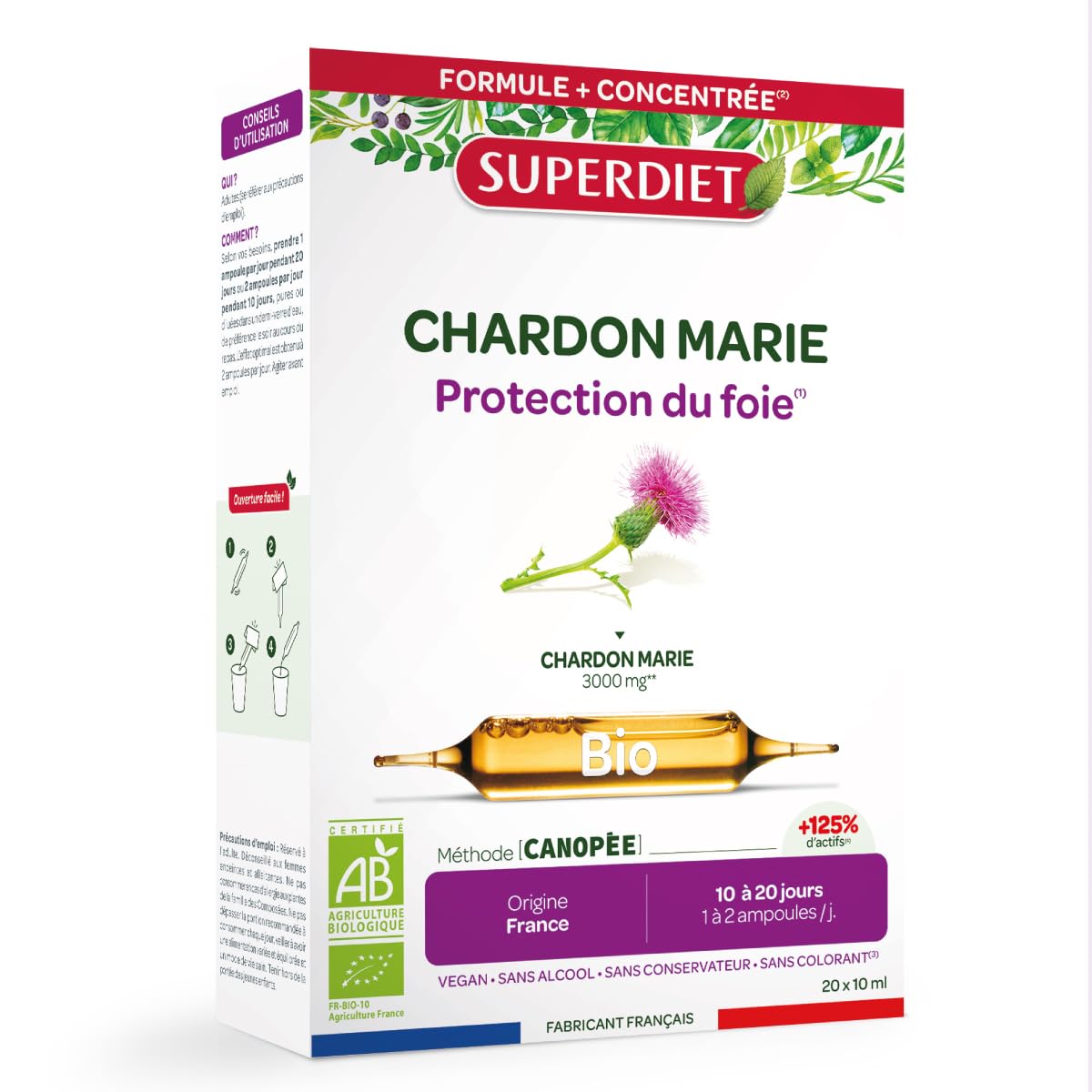 SUPERDIET – CHARDON MARIE BIO 3000 MG – Protection du foie – Fabrication française – 20 ampoules de 10 ml