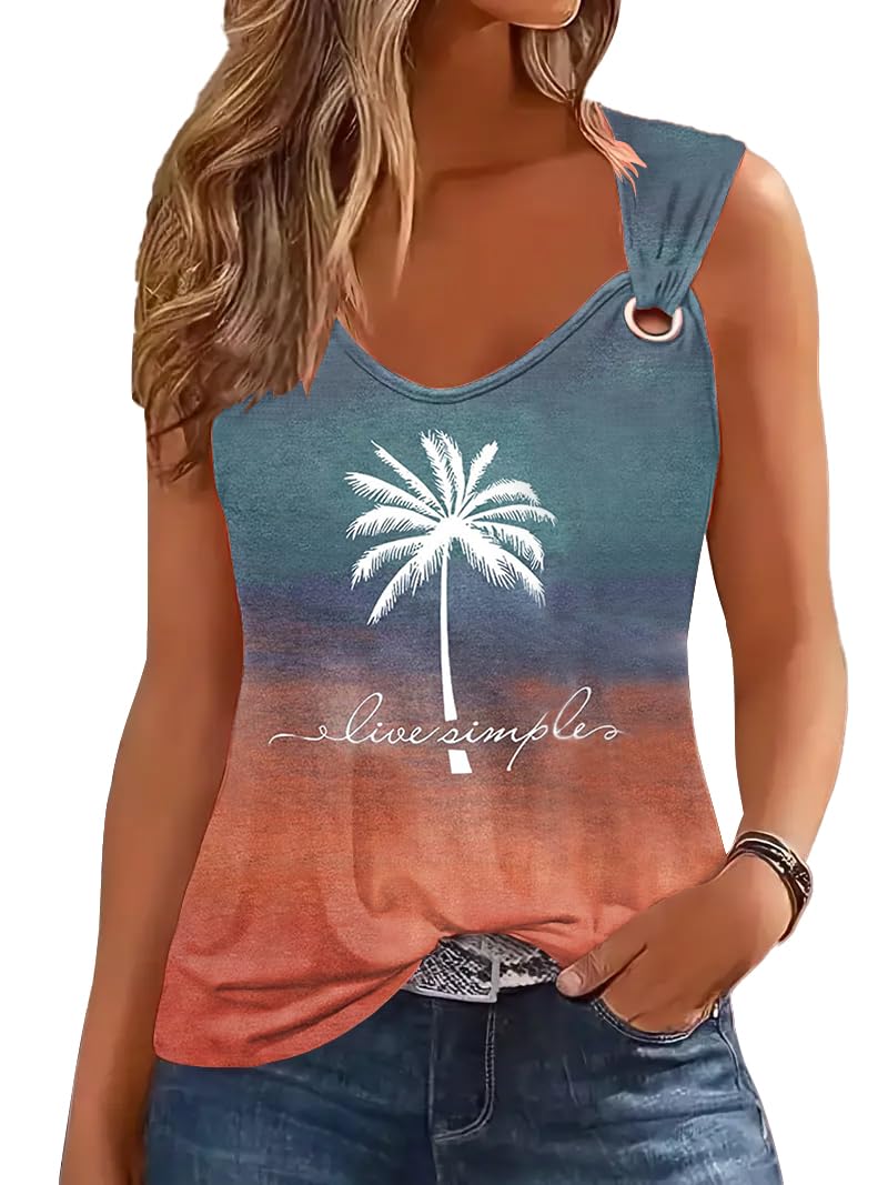 Summer Tank Cute Tops for Women Casual Sleeveless Shirt Loose Fit Scoop Neck O Ring Shoulder Blouse