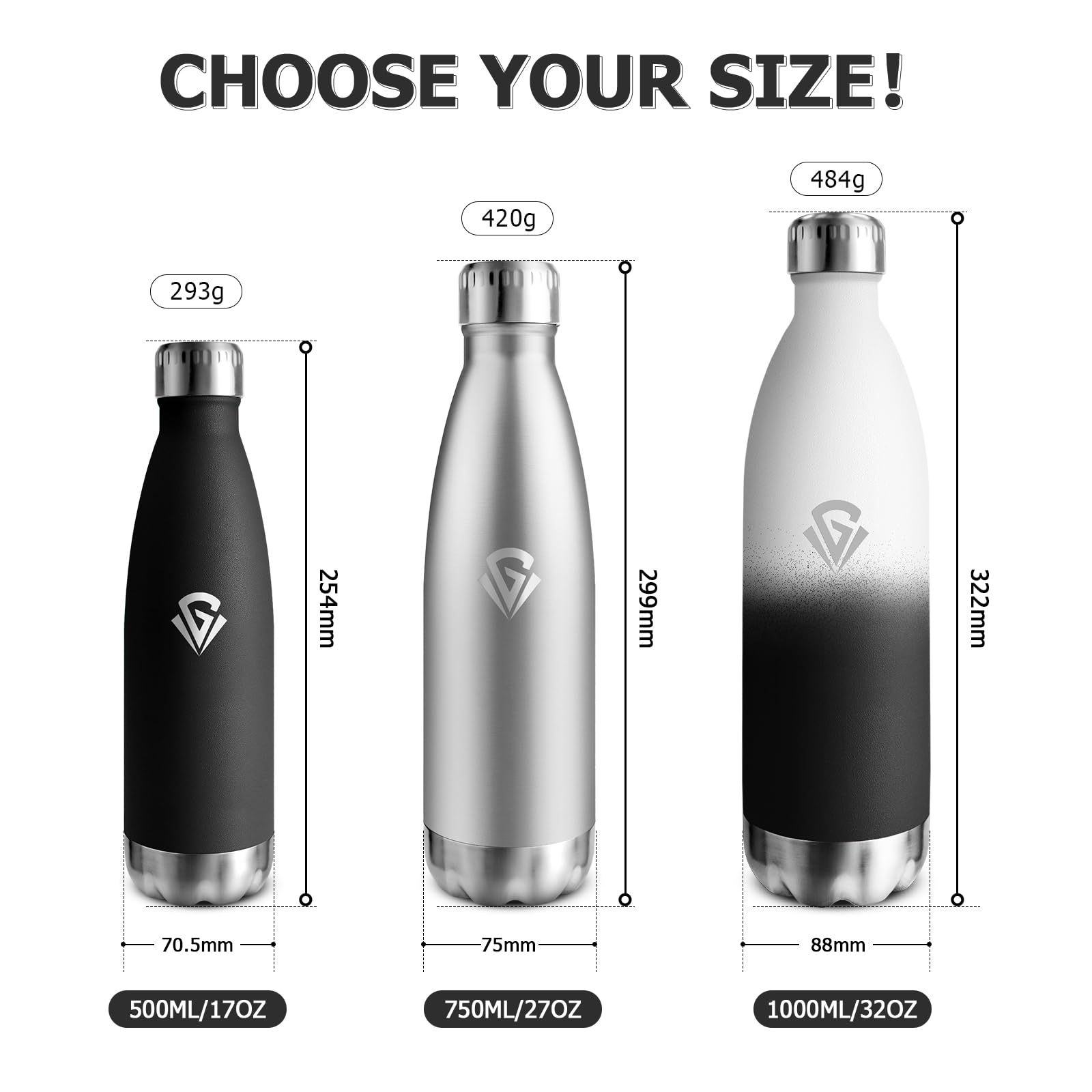 Borraccia Acciaio Inox 500ml, A Prova di Perdite, Senza BPA, Bottiglia Termica Doppia Parete, Antigoccia, Bottiglia Acqua Ideale per Bambini, Scuola, Ufficio, Sport, Escursioni, Viaggi, Campeggio