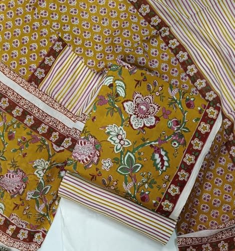 Image of DRAVINAM Trends Women's Premium Cambric Cotton Jaipuri Printed Unstitched Salwar Suit Dress Material with Mulmul Cotton Dupatta