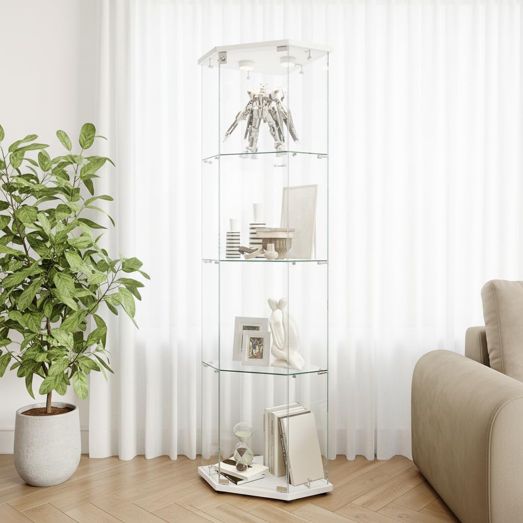 Vitrina de esquina con iluminación LED, vitrina de cristal de pie con puertas de cristal, vitrina de cristal, 4 estantes, 1 puerta, armario de vitrina, vitrina coleccionable para salón, dormitorio