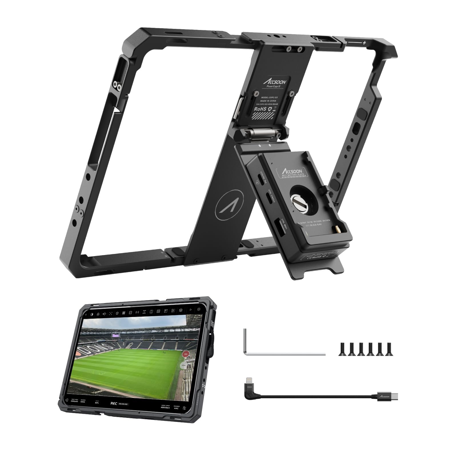 Accsoon Power Cage II per iPad Gen 5-10/Air 3-5/Pro 9.7,10.5,11 Pollici (Gen 1-4) per RED KOMODO Gimbal SLR Mirrorless Kit Trasmissione Wireless e Display