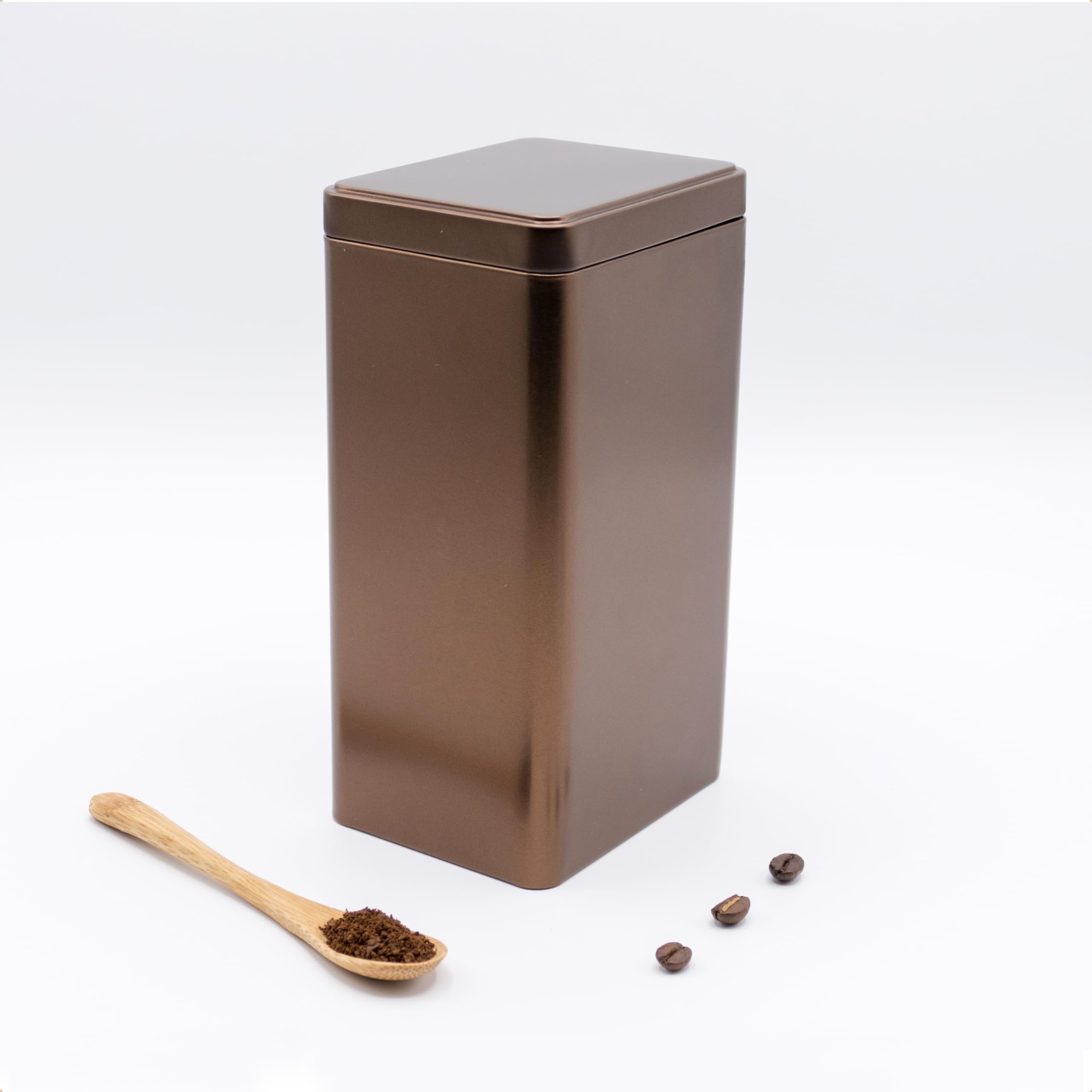 6 kwadratowych pojemników na herbatę z wewnętrzną pokrywką dodatkowo chroniącą aromat, kolor brązowy antracyt, hermetyczne w metalu na 150 g Earl Grey | 10,5 x 8 x 8 cm (wys. x szer. x