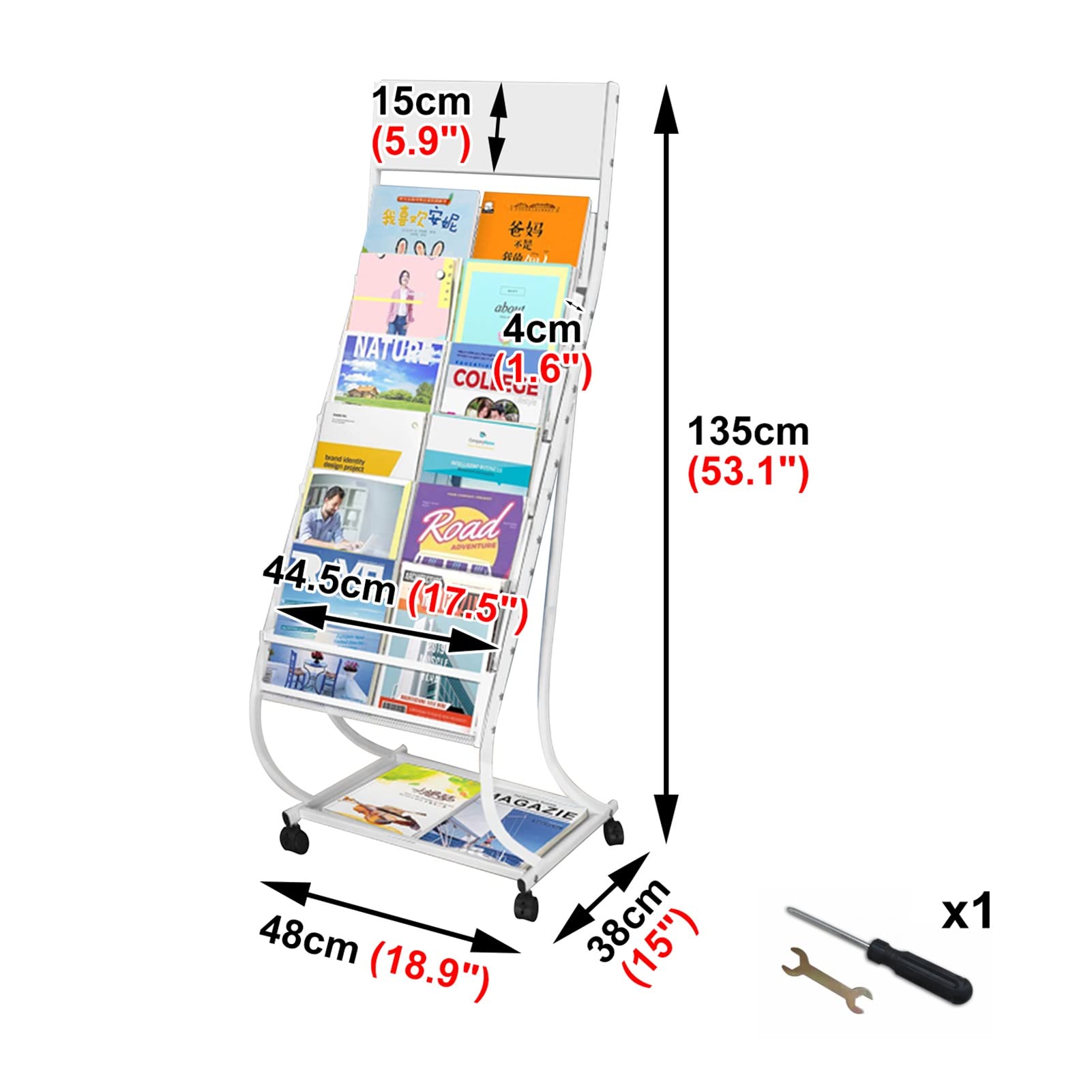 Zeitschriftenhalter Metall Posterständer mit Rädern, Einzigartiger Prospektständer mit 7 Taschen, für Bankhalle/Bibliotheken/Ausstellung/Lobby (Color : White)