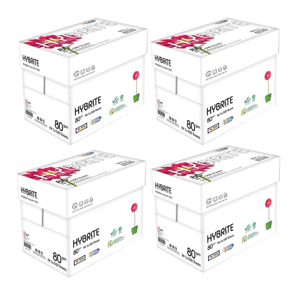 Papel HyBrite A4 80 g, 20 resmas de 500 hojas (total 10.000 hojas) – Ideal para todas las impresoras y fotocopiadoras de oficina y casa – Ultra blanco – Alta luminosidad y secado rápido (4 paquetes)