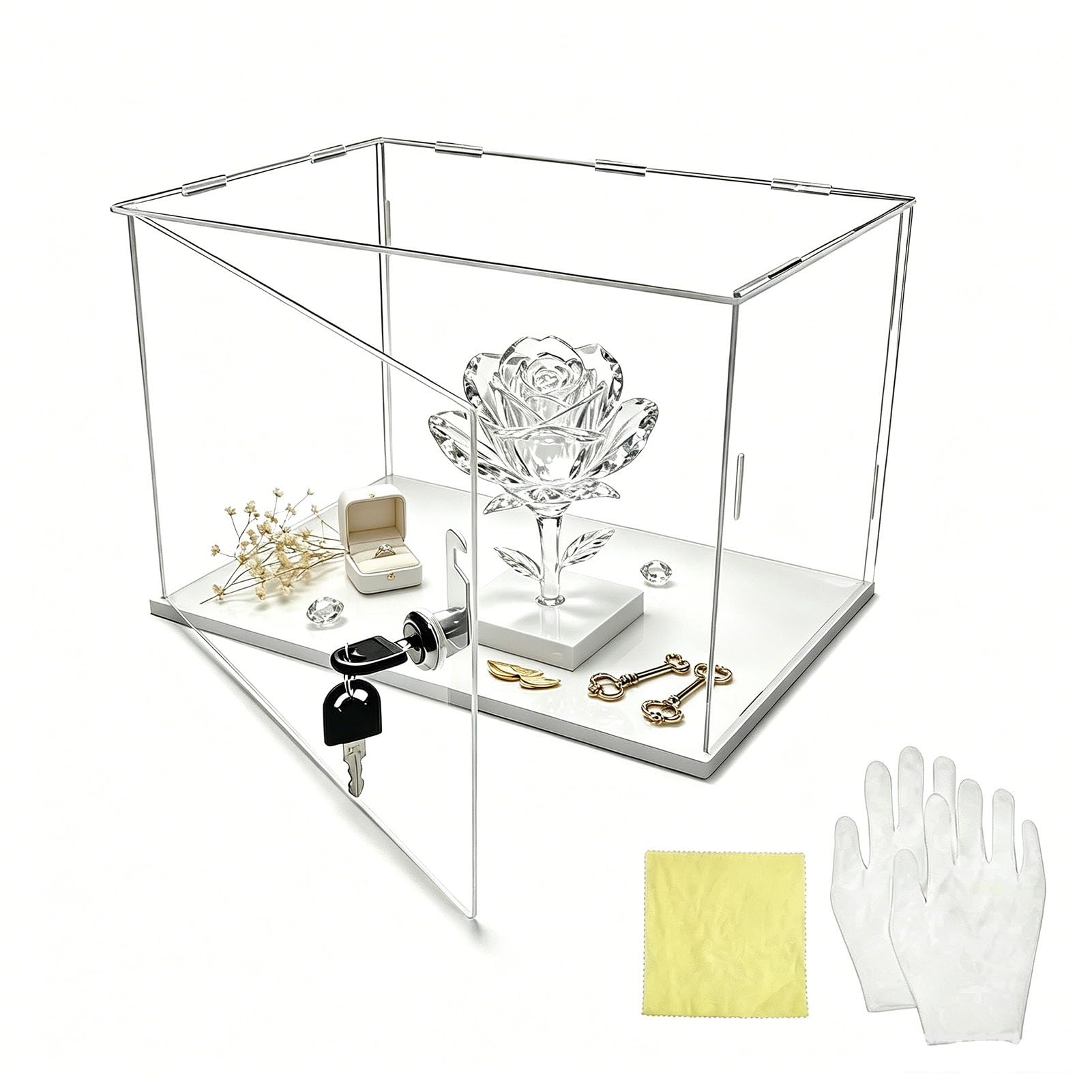 Locked Clear Display Box with Keys & Gloves, Security Plastic Display Case for Jewelry, Stackable Transparent Countertop Storage Bins(15x15x15cm(6x6x6in))