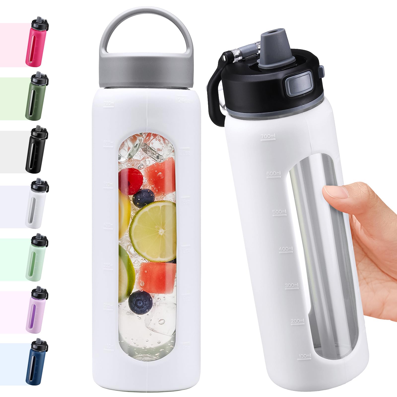 BLUEGO 700ml Glass Water Bottle with 2 Lids-One-touch Lock Lid and Handle Lid Reusable Drinking Bottle with Time Marking for Travel Home Gym Sports BPA Free, White — image 1