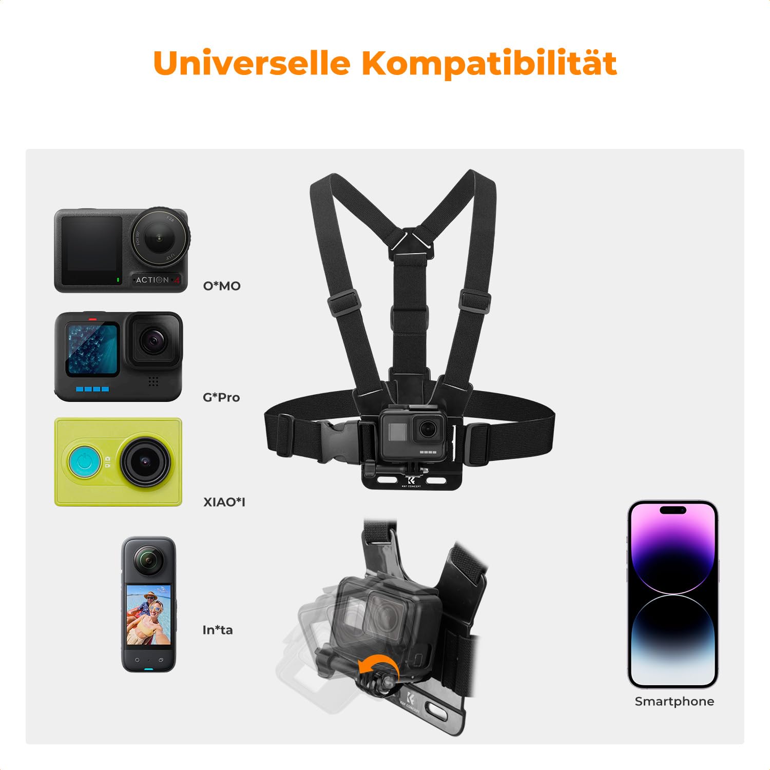 K&F CONCEPT Action Kamera Zubehör Kit Brustgurt Rucksack DJI Osmo 360/Insta360 X5/X4/X3 Schultergurt Halterung 360° drehbare Kopfgurt und Handschlaufe für GoPro Hero 13/12/11/10/9/8/Osmo Action Series