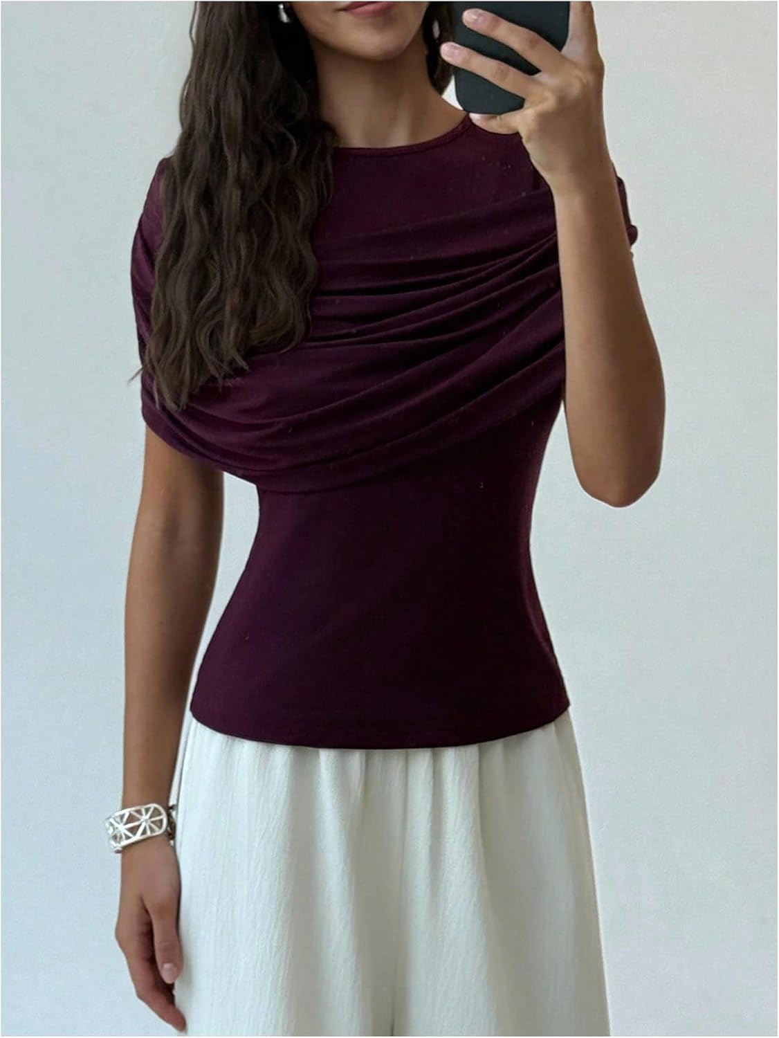 SHENHE Women's Short Sleeve Slim Fitted Tee Shirt Ruched Draped Dressy Going Out Top - Image 3