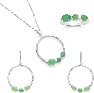 Juego de joyas de piedras preciosas de crisoprasa en plata de ley 925 – Pendientes ovalados con colgante de cabujón redondo de pera – Gema verde natural de 4,75 quilates – Juego de regalo hecho a mano