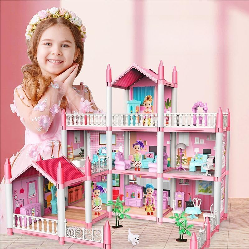 Image of 3 Storey Doll House for Girls, Large Princess Villa Playset with Furniture, Dolls, DIY Assembly Pretend Play Toy(9ROOM)