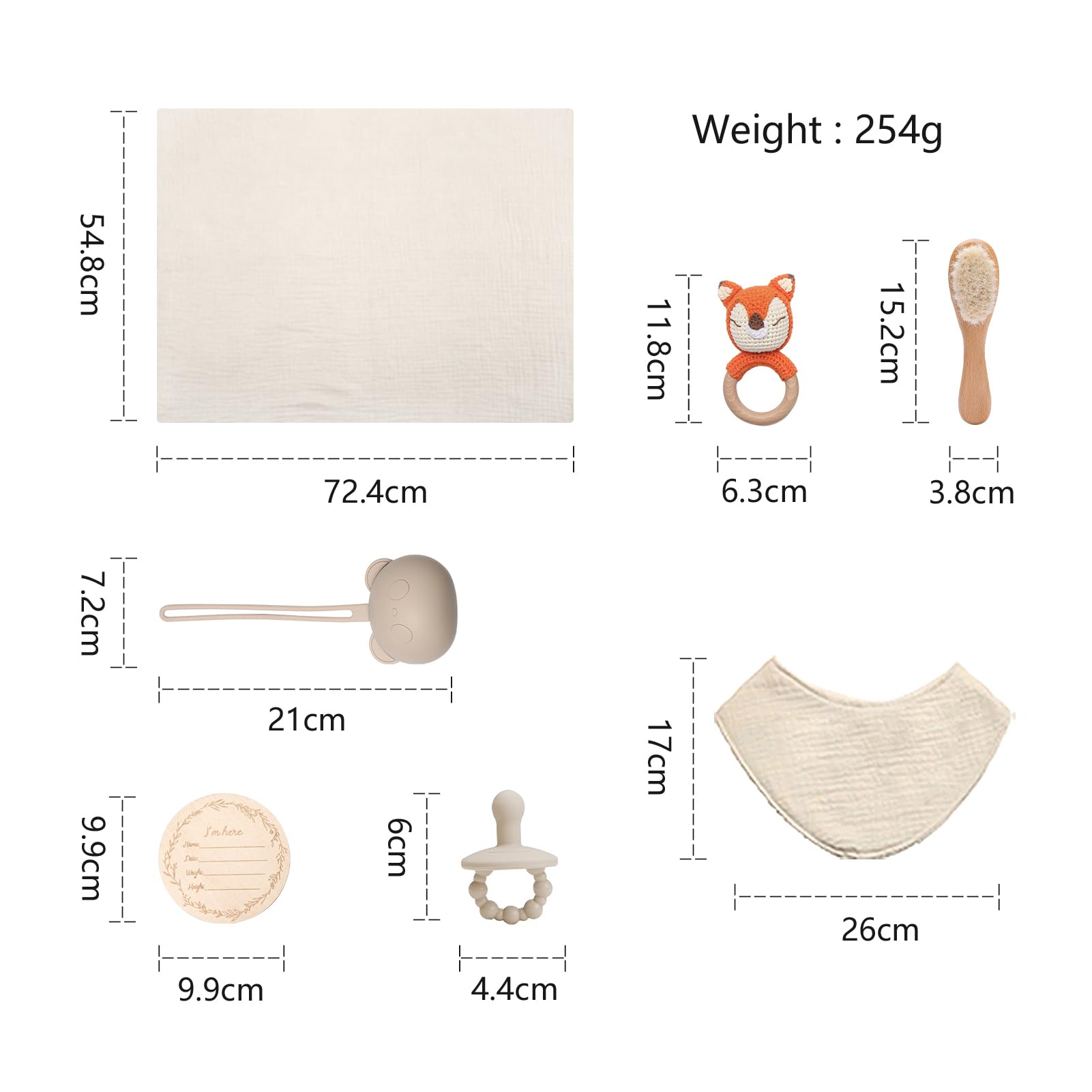 Youuys 7 Pezzi Regalo Set per Neonato, Regalo per Bambino e Bambina, Asciugamano da Bagno, Sonaglio, Giocattolo in Legno, Cartoline, Calzini, Spazzola, Baby Shower (Volpe)