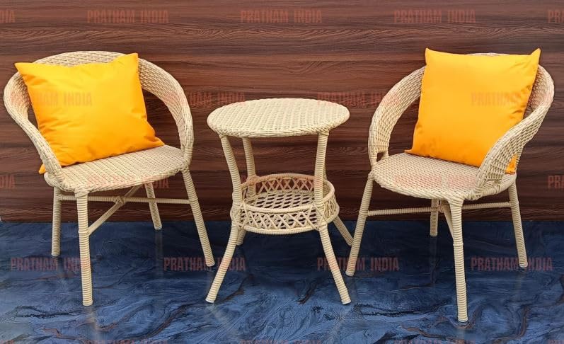 Image of India 3 Piece Outdoor Indoor All Weather Wicker Patio Furniture Set 2 Wicker Rattan Chairs and Table for Balcony Garden Patio Porch Poolside Backyard Furniture (Honey + Yellow Pillow)