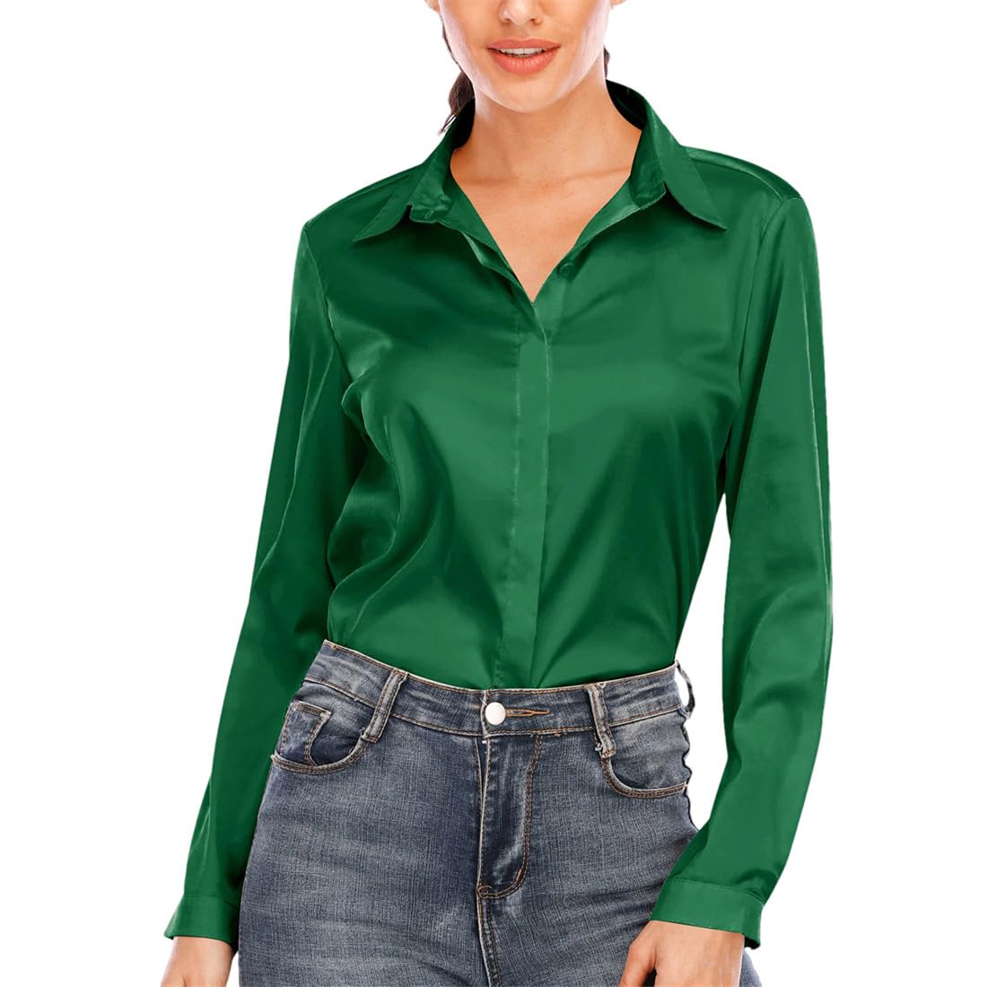 Camisa De Satén para Mujer, Blusas De Seda De Manga Larga con Cuello Vuelto, Camisa Informal De Oficina, Tops De Talla Grande