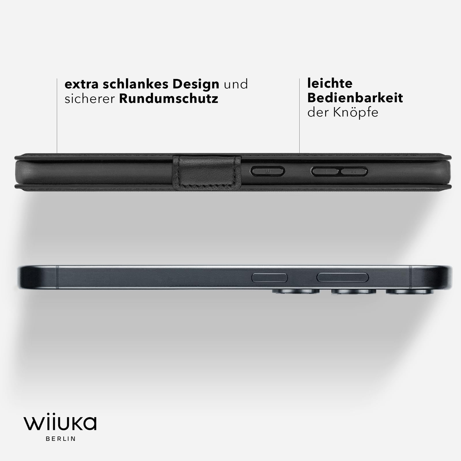 WIIUKA Hülle für Samsung Galaxy S26 Ultra, Leder aus Deutschland, Standfunktion & Kartenfach, Lederhülle extra Dünn, Premium Handyhülle, Klapphülle für Samsung S26 Ultra, suiit Schwarz