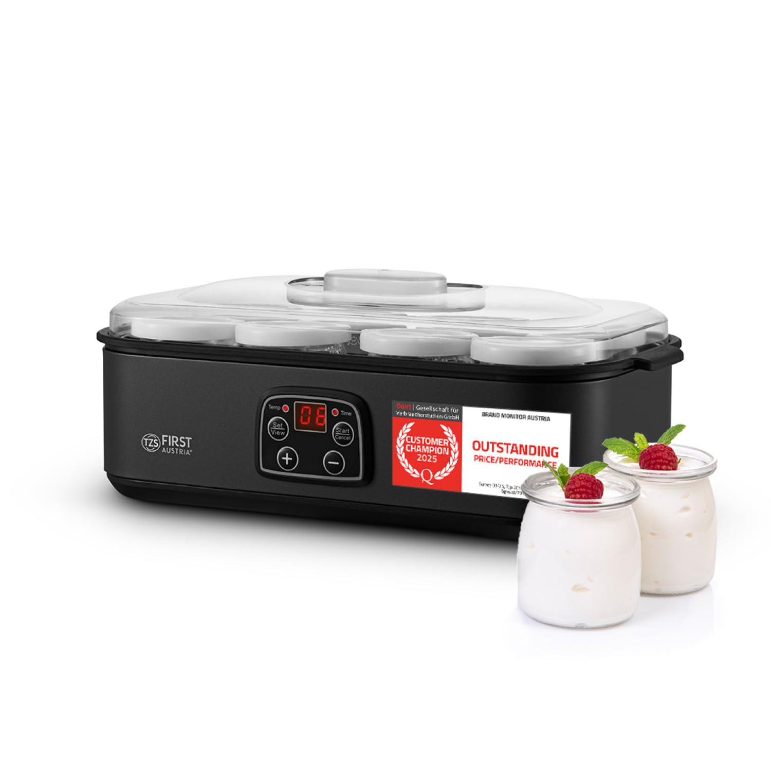 TZS First Austria Preparatore di Yogurt Elettrico - 8 vasetti in vetro da 180 ml (1,4 L) - Temperatura regolabile fino a 55 °C - Display LED - Spegnimento automatico - Timer 48 h - BPA-free