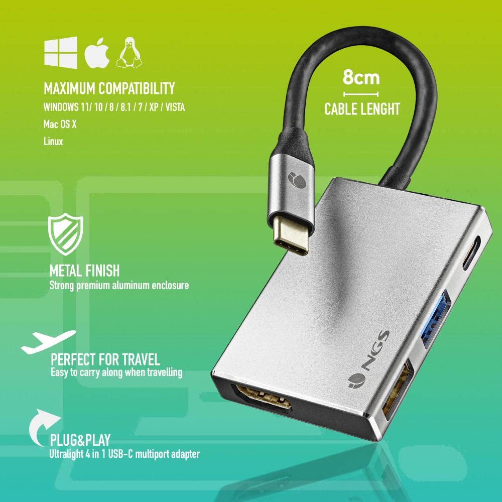 NGS WONDER DOCK 4 - 4 w 1, hub typu USB-C, adapter wieloportowy (USB 3.0, USB 2.0, USB-C, HDMI). Kompatybilny z: MacBook Pro, MacBook Air, iPAd Pro, XPS, Chromebook oraz innymi urządzeniami wyposażonymi w USB-C