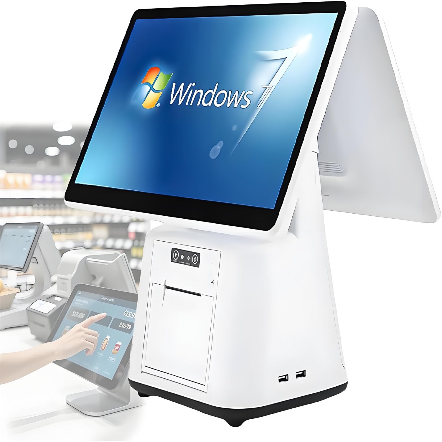 Registratore Cassa con Doppio Touch Screen 15,6 Pollici, Pos per Piccole Imprese, Stampante Termica 58 Mm Integrata, Registratore di Cassa Intelligente all-in-One Singlescreen