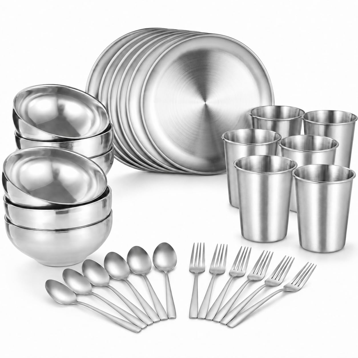 Lot de 30 couverts de camping en acier inoxydable comprenant 6 assiettes, 6 bols, 6 tasses, 6 fourchettes et 6 cuillères, vaisselle réutilisable en métal pour la maison, l'extérieur et les fêtes