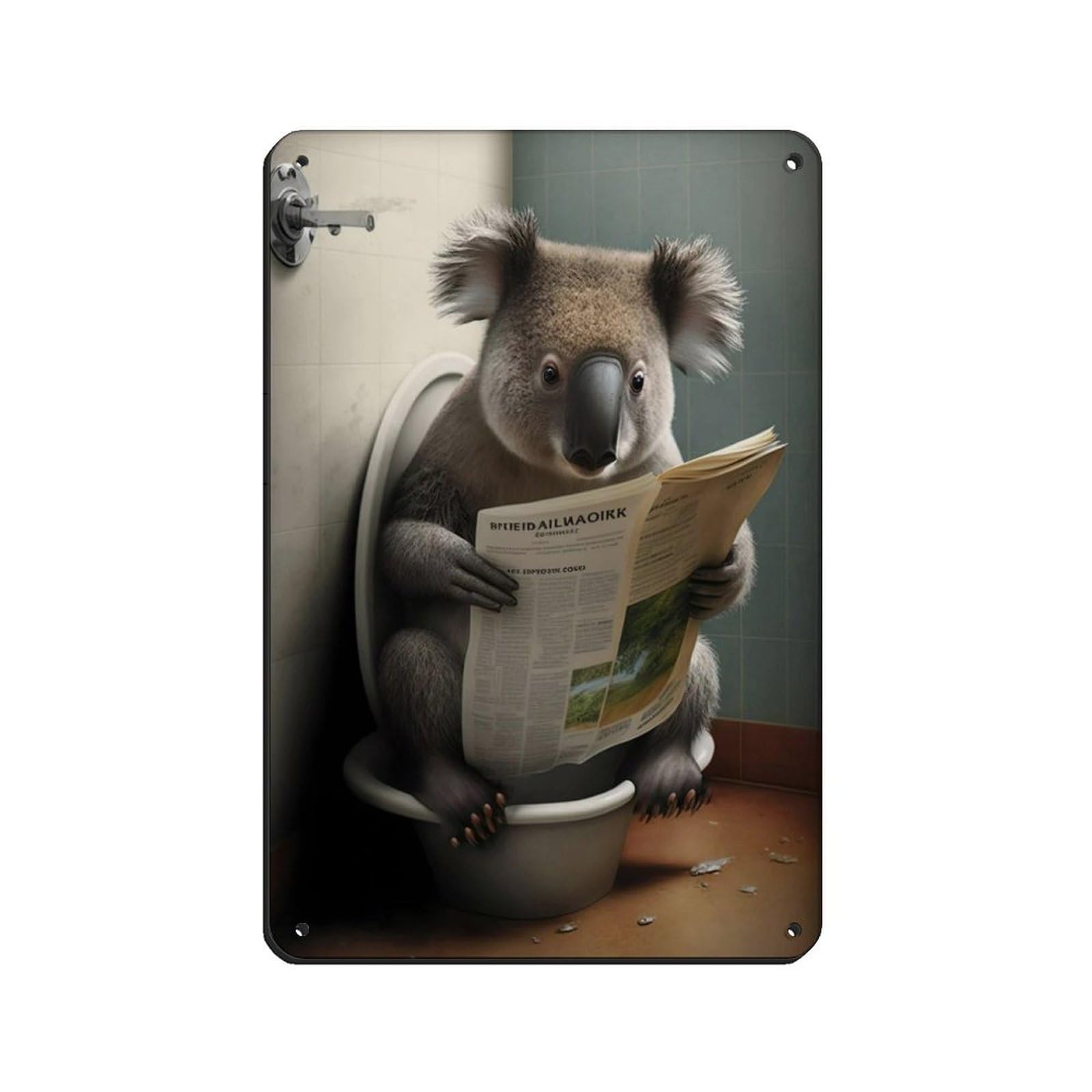 Lxwnze 20L X 30W Cm Koala Bear Sitting On The Toilet Reading A Newspaper Retro Poster Metal Tin Sign Chic Art Retro Iron Painting Bar People Cave Cafe Family Garage Poster Wall Decoration 8X12inch(20X30cm)