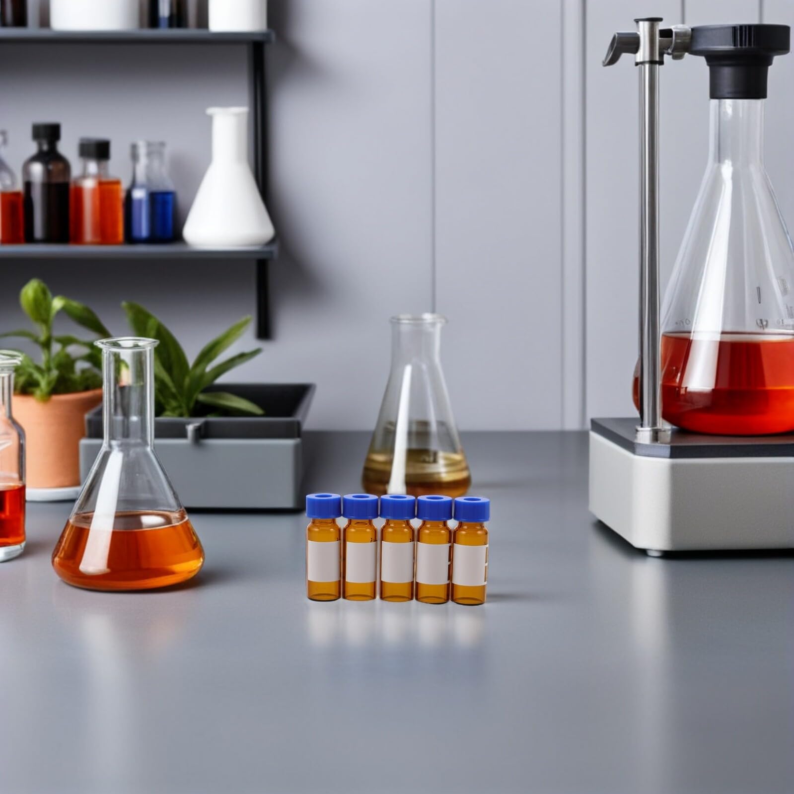 Frascos de Muestreo para Cromatografía 1,5 Ml y 2 Ml, 100 Unidades, Vidrio Ámbar Tapa Precortada y Escala, Resistentes a Altas Temperaturas, para Laboratorio y