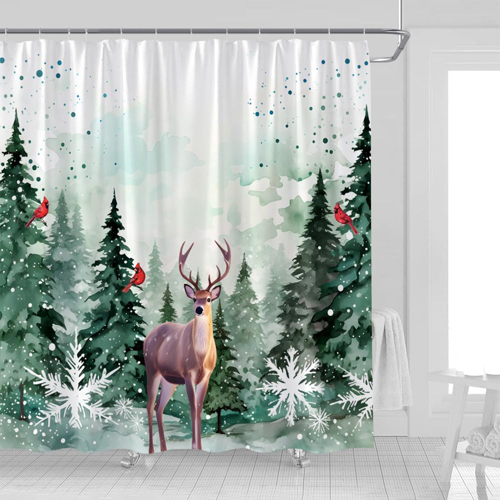 DSMEUE Christmas Tree Shower Curtain - Pink Xmas Tree Snowflake Pattern Fabric Bathroom Decor (70x70 Inches) - View #13