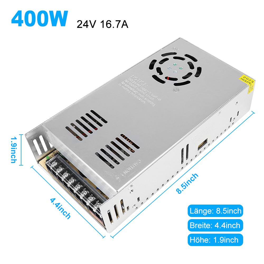 inShareplus 24V Netzteil 16.5A 400W, DC Universal geregeltes Schaltnetzteil, Trafo 230V auf 24V LED-Treiber, Konverter, Transformator für LED-Streifenlicht, CCTV, Computerprojekt, 3D Drucker