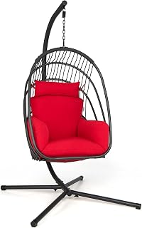 Giantex Egg Chair Hammock Stand - Hanging Swing with Stand, Folding Swinging Chair with Soft Cushion & Pillow, Wicker Rattan Hanging Chair for Bedroom,Garden, Patio Foldable Hammock Chair (Red)
