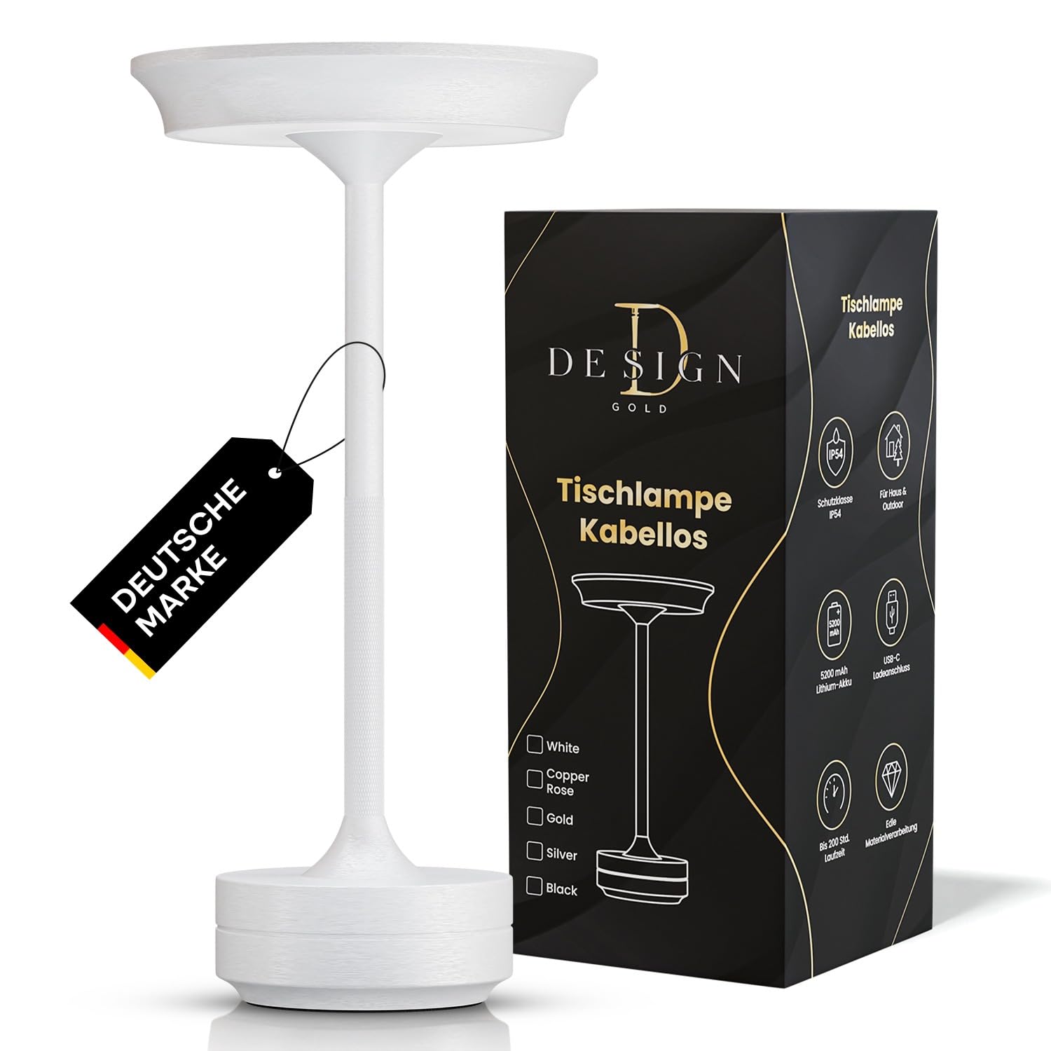 designgold LED Tischlampe kabellos - Akku Tischleuchte dimmbar mit USB-C, 3 Lichtfarben, IP54 - Indoor & Outdoor (Weiß)