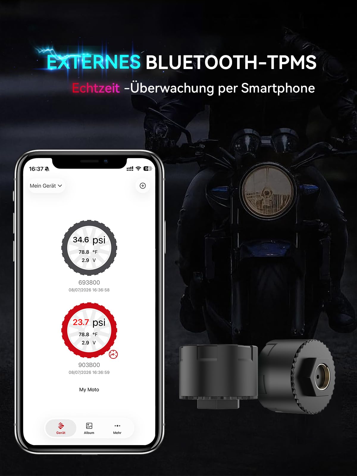 Spedal TPMS Reifendruckkontrollsystem für Motorrad, 2 Stück | Bluetooth Reifendrucksens mit App, Druck & Temperatur präzise, Wasserdicht, Echtzeit-Alarm, für iOS & Android