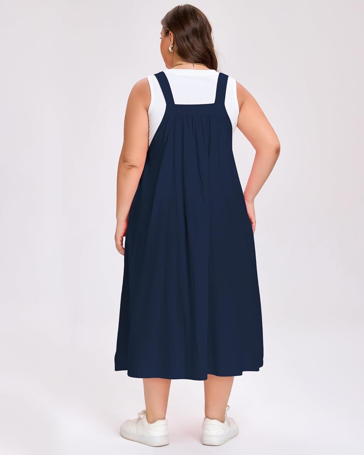 Moon Wood Plus Size Cotton Overall Dress for Women Adjustable Strap Jumper Dress with Pockets Casual A-Line Maxi Dress - Image 6