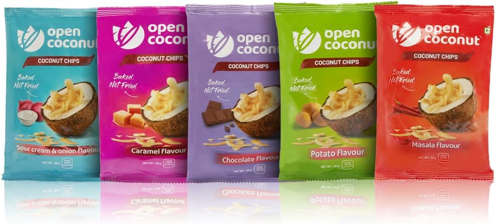 OPEN COCONUT - Caramel, Chocolate, Masala, Potato, and Sour Cream & Onion Flavor Baked Coconut Chips 30g Combo|Vegan, Healthy Crispy Crunchy Snacks|NoPreservatives, Gluten Free & High Fiber|for Parties,Movie,School Tiffin & Travel-Friendly
