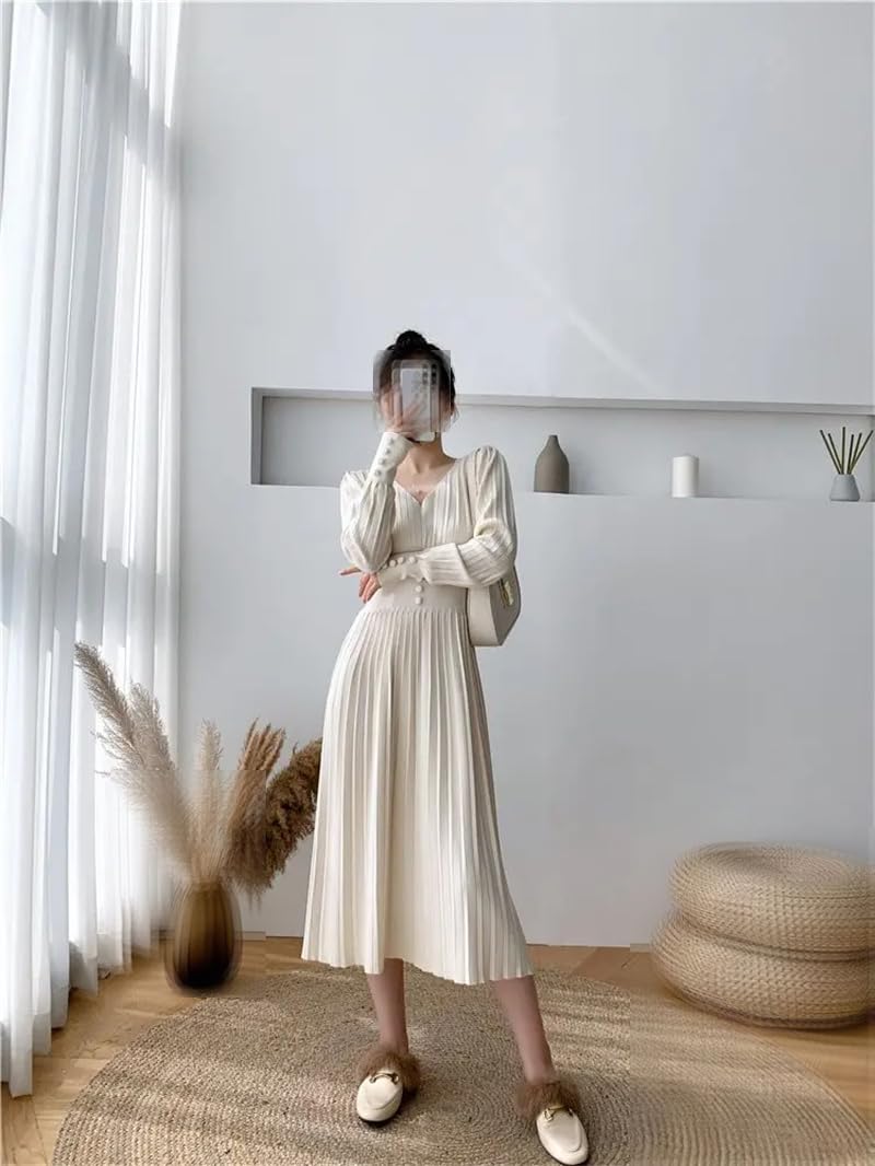Vestito da donna in maglia vintage per autunno inverno O collo a maniche lunghe pullover abiti da festa