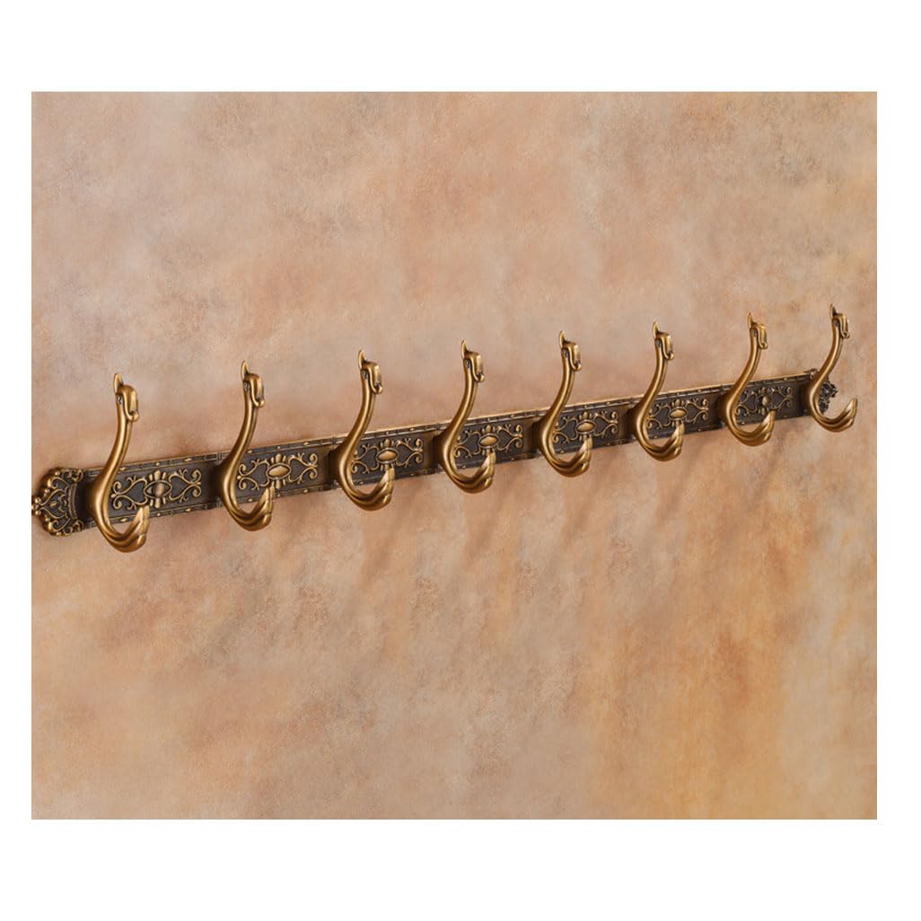 Lmysxaoz Gold Vintage Metal Coat Rack Wall Mount, Aluminum Thickened Hooks Hanging Rail Antique Clothes Towel Racks For Bathroom Entryway Bedroom Behind The Door 8Hook