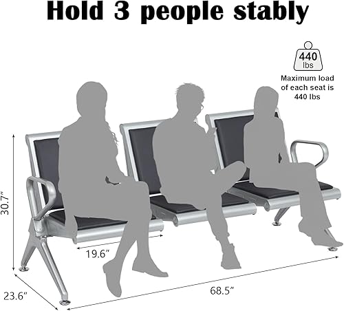 Miniatura 2 de Kinbor Silla de invitados de recepción de 3 asientos silla de sala de espera con cojín de piel sintética banco de invitados para el aeropuerto