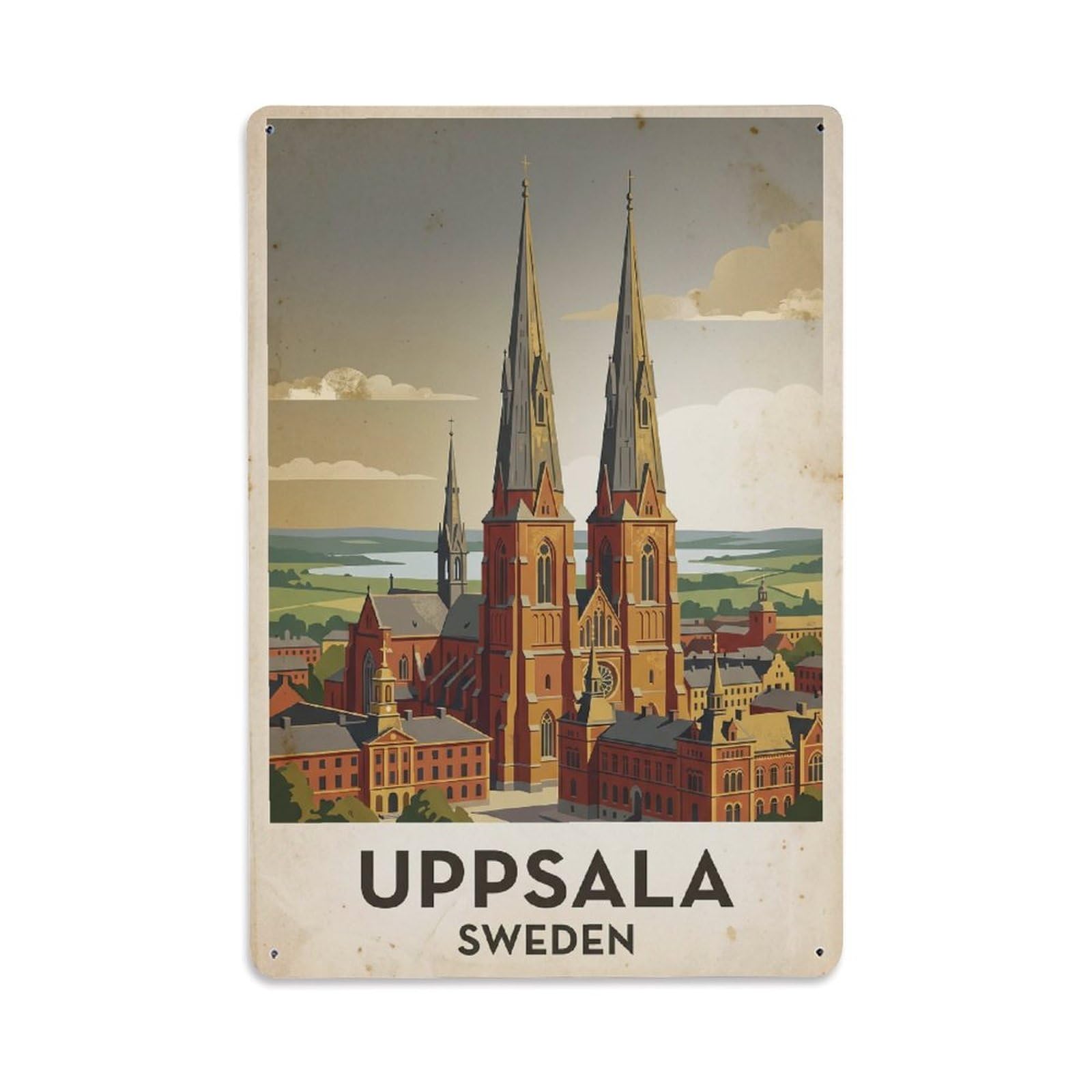 Vintage Travel Uppsala Sweden Towers Metal Tin Sign